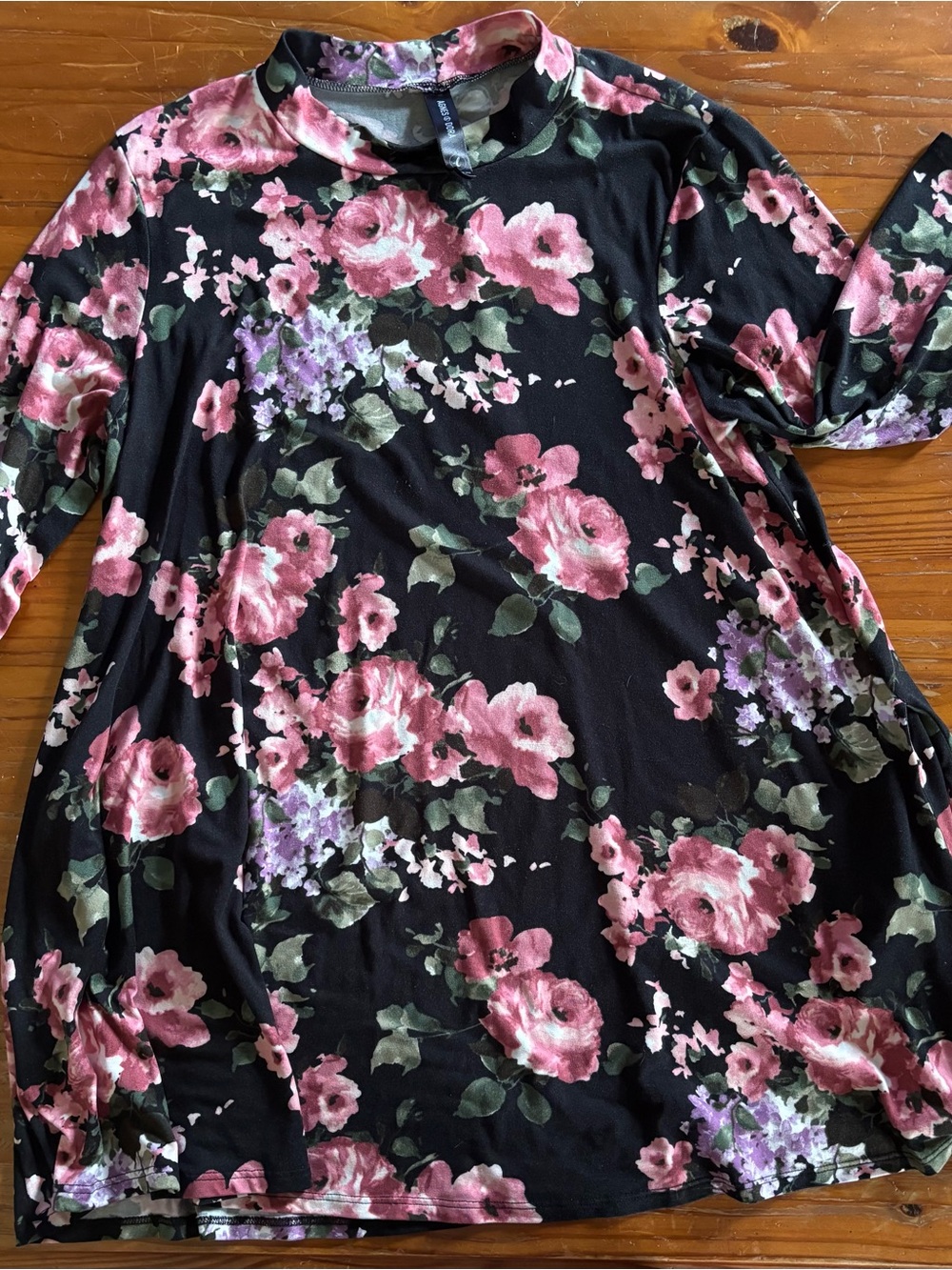 Agnes & Dora Black Tunic Top with Pink & Purple Floral Print